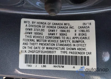 2018 Honda Civic Lx from USA, damaged, VIN 2HGFC2F55JH599377